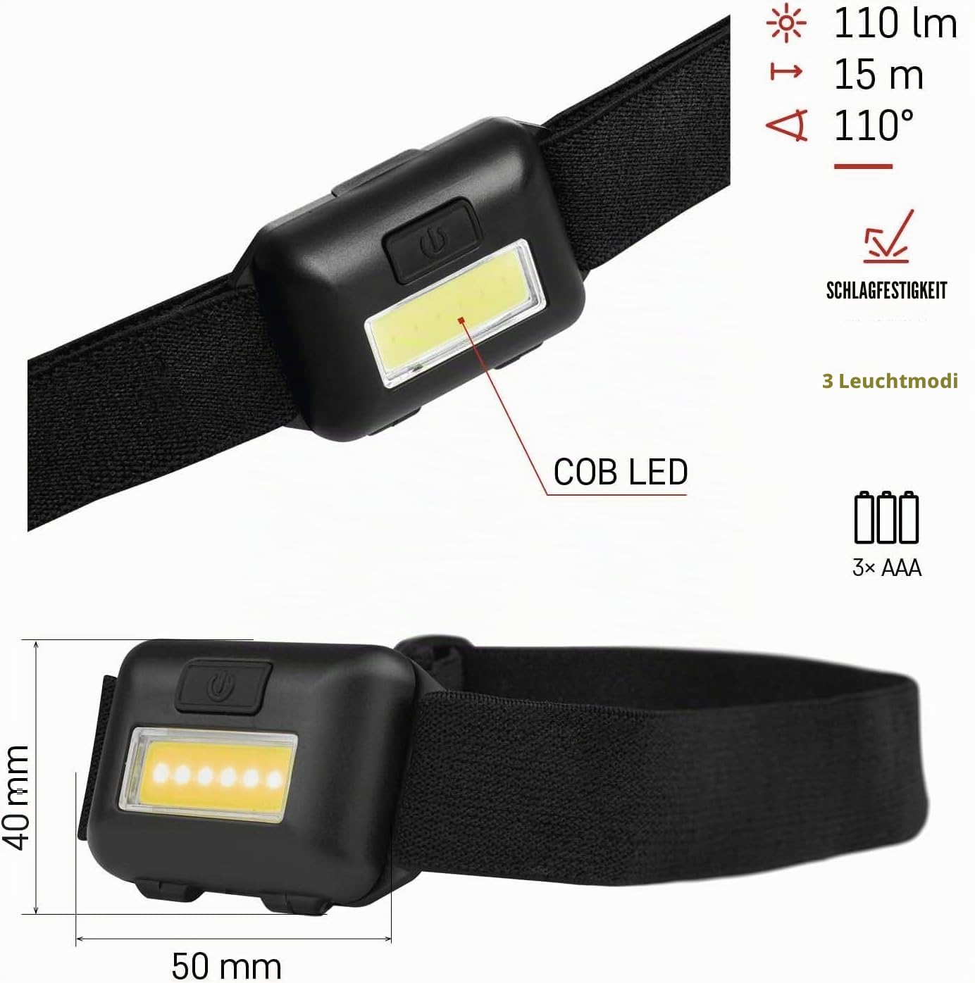 EMOS Mini LED-Stirnlampe 12 Stück Familien-Multipack, ideal für Kinder, 40 St. Leuchtdauer, COB LED Kopflampe mit Helligkeit 110lm, 15m Leuchtweite und 3 Lichtmodi, batteriebetrieben