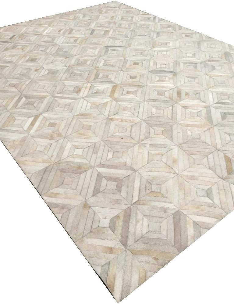 Leather Area Rug Patchwork Beige Color Moroccan Style in Various Sizes from Cow Hide | Luxury Carpet for Indoor use (5'x8')
