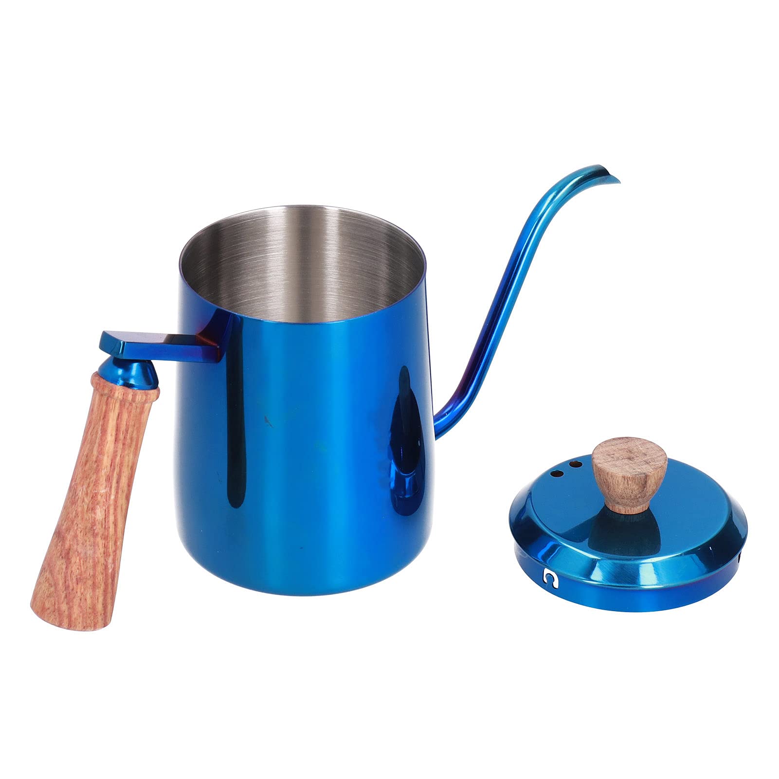 Caffettiera Manuale in Acciaio Inossidabile da 600 ml, Bollitore a Collo di Cigno con Manico in Legno, Bollitore con Beccuccio Lungo e Stretto per una Preparazione Precisa, (Blu)
