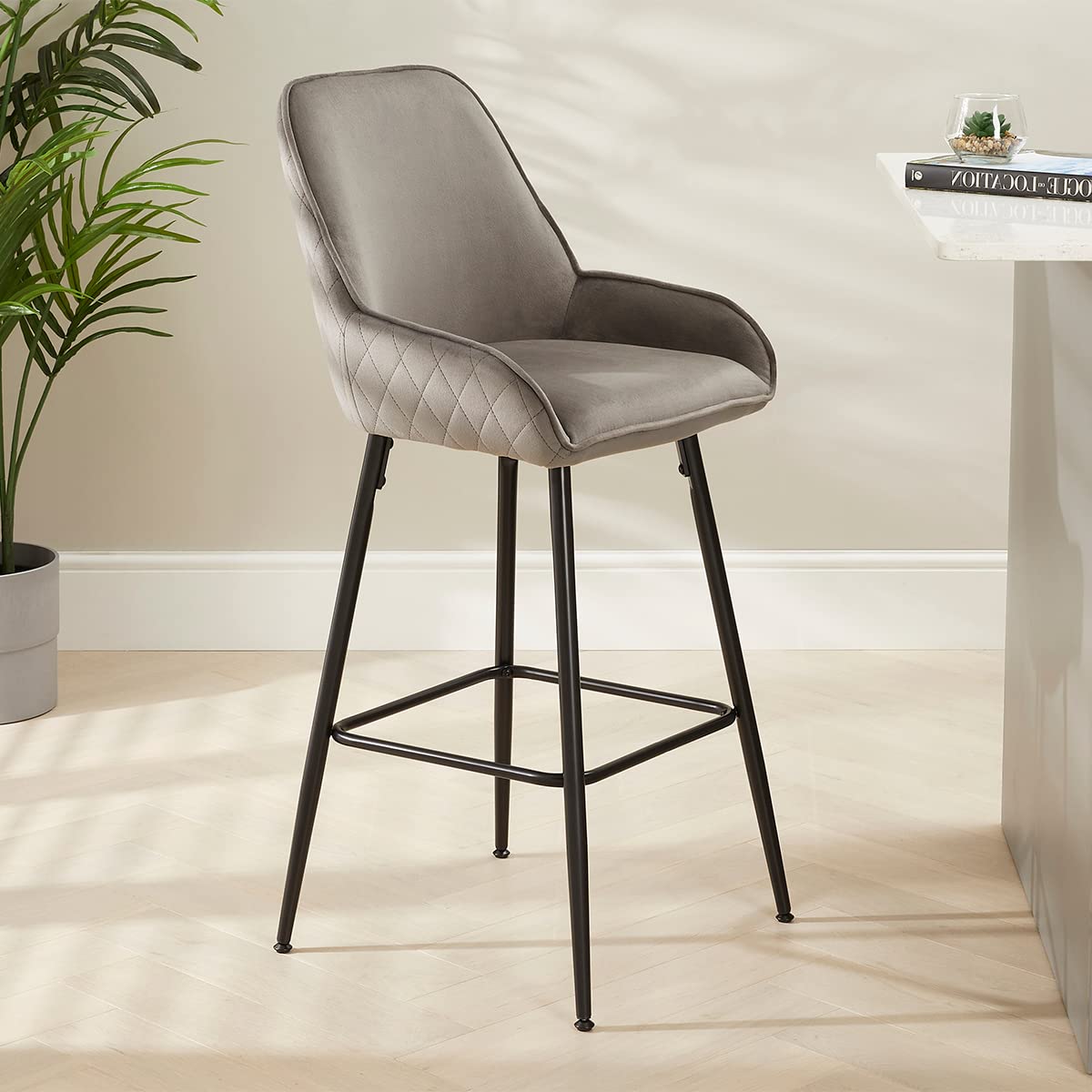 The Furniture Market Savoy Storm Grey Velvet Bar Stool | 72cm Seat Height | Black Satin Metal Legs | Diamond Quilted Back | Anti-Scratch Adjustable Feet | H 1075 x W 520 x D 510mm
