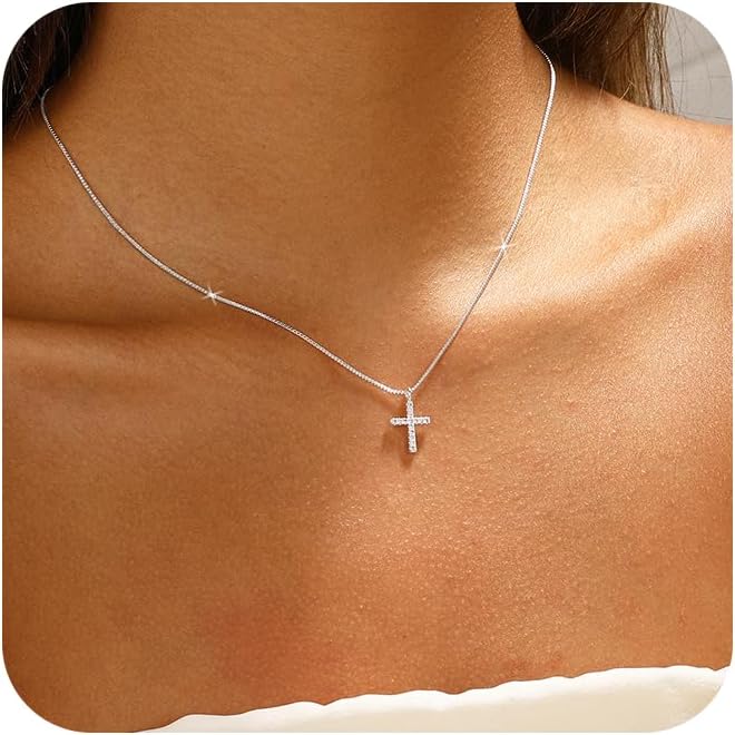 Cross Necklace for Women,Dainty 14K Gold Silver Plated Cross Choker Pendant Jewelry Non Tarnish Trendy Simple Circle Chain Small Necklace Birthday Faith Jewelry Gifts