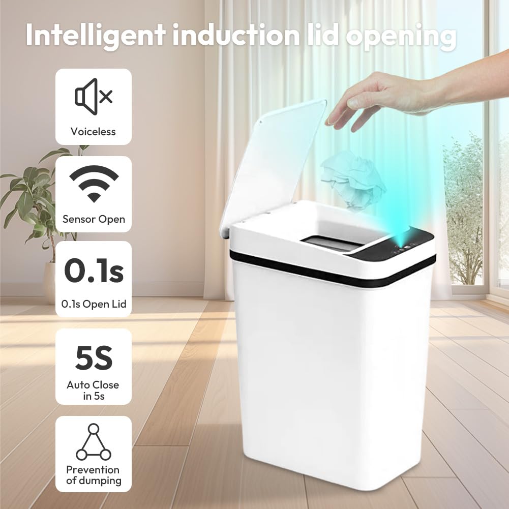 Cubo de Basura Para Baño, 12 L, con Sensor Inteligente, Es un Cubo de Basura de Plástico ABS para la Cocina Está Equipado con Una Tapa, se Cierra Silenciosamente y Es Resistente Agua (Blanco)