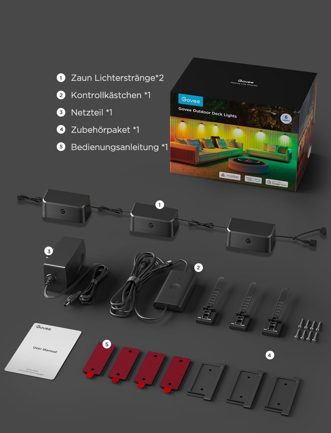 Govee Wandleuchte Aussen, RGBWIC, 180lm mit 4000K Smartes Weißlicht, Musik-Sync und über 60 Szenenmodi, IP65 wasserdicht für Garten, Zaun, funktioniert mit Alexa und Matter, Google Assistant, 6er-Pack