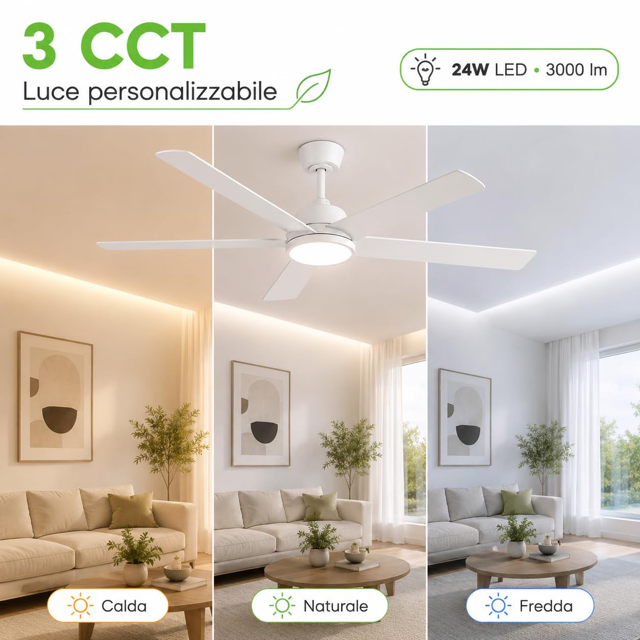 ON FREDO Ventilatore da Soffitto con Luce LED Regolabile, per Interno e Esterno, Motore Silenzioso e Telecomando - Bianco