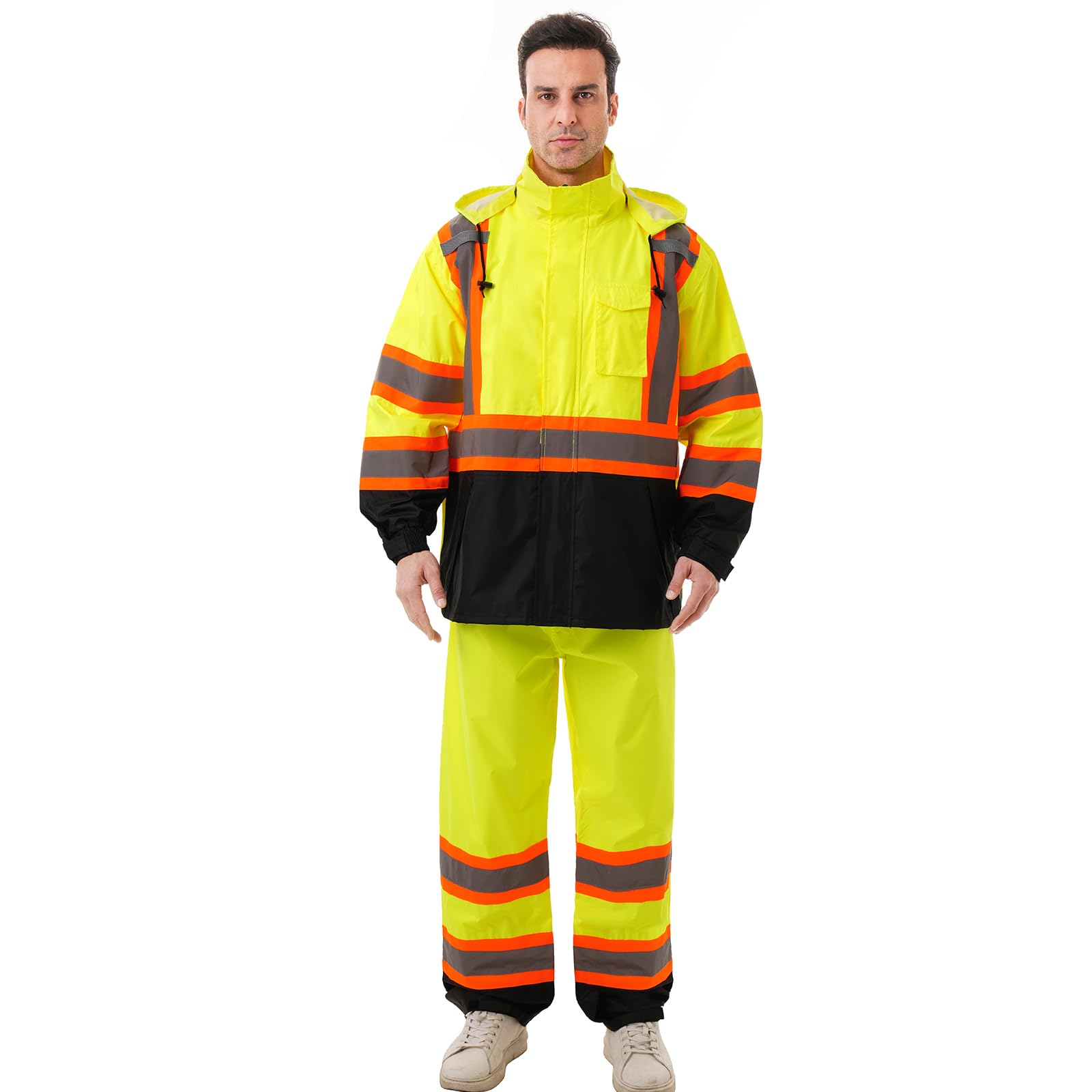 Hi Vis Safety rain Jacket，Reflective Class 3 Rain coat with Inner Mesh Lining and Pockets High Visibility Waterproof work Rain Suits for men&amp;women（Yellow,SM/MD）