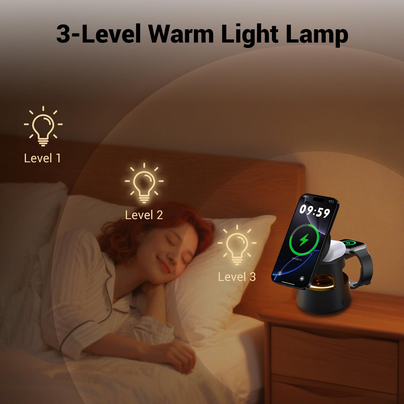 KozyOne Bezprzewodowa stacja ładująca 5 w 1 z głośnikiem Bluetooth, magnetyczna szybka ładowarka, lampka nocna, stacja dokująca do ładowania kompatybilna z iPhone 17/16/15/14/13/12, Apple Watch