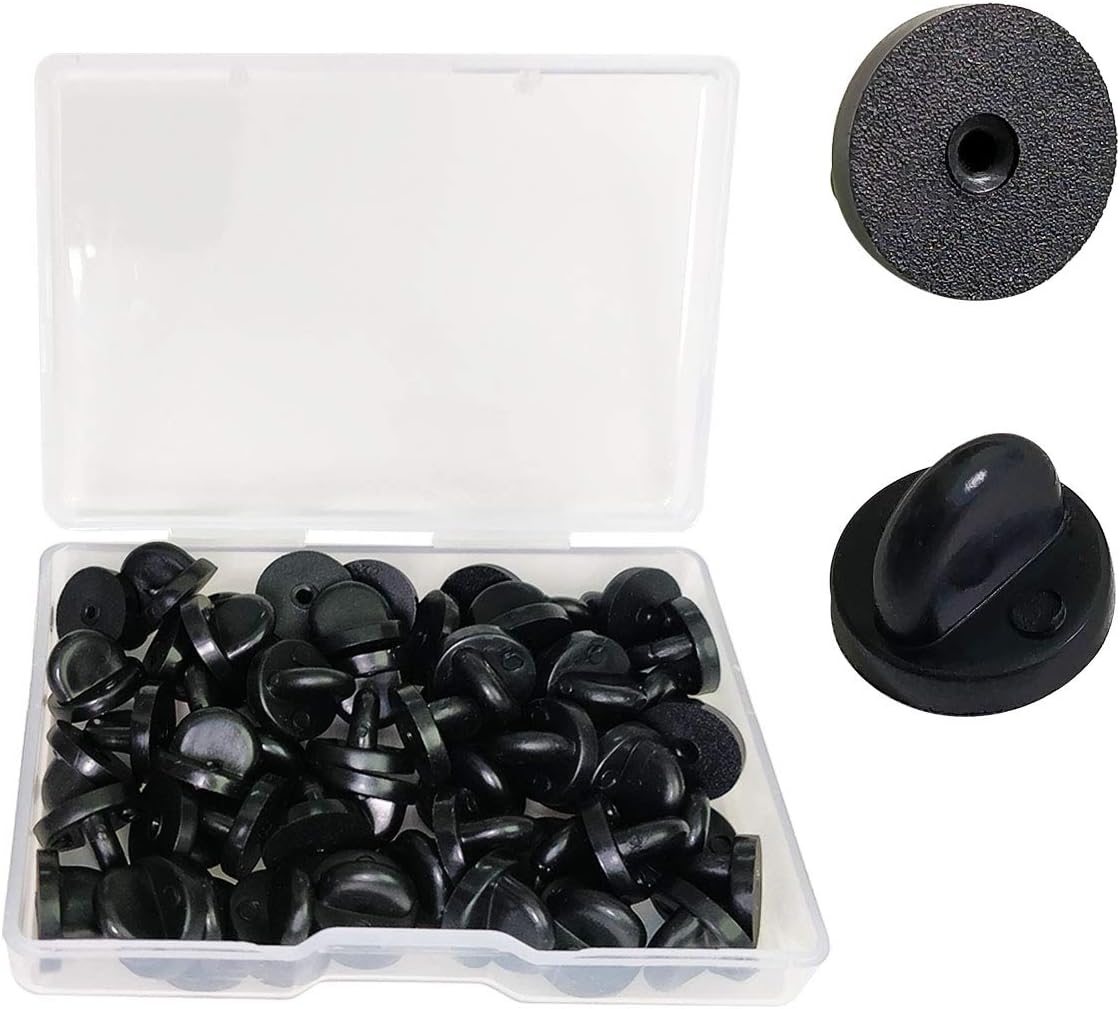 Lapel Pin Backings - Butterfly Clutch Pin Backs in PVC Rubber for Uniform Badge Replacement (Black, Pack of 50)