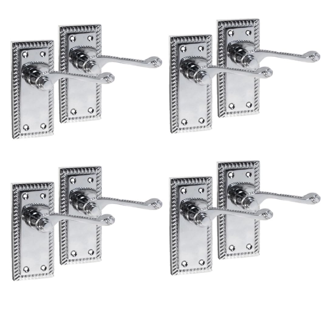 Georgian Style Chrome Door Handle Set – Internal Door Handles and Tubular Latch, Classic Polished Chrome -Plated Finish (1-6 Pairs) – Backplate Size 108mm x 48mm (4 Pair of Handles)