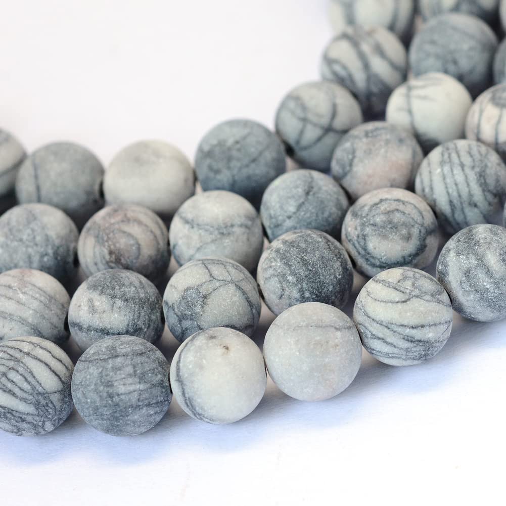 Craftdady 47Pcs Frosted Natural Black Silk Stone Round Bead Strands 8mm Polished Loose Spacer Beads for Handmade Necklace Bracelet Jewellery Making