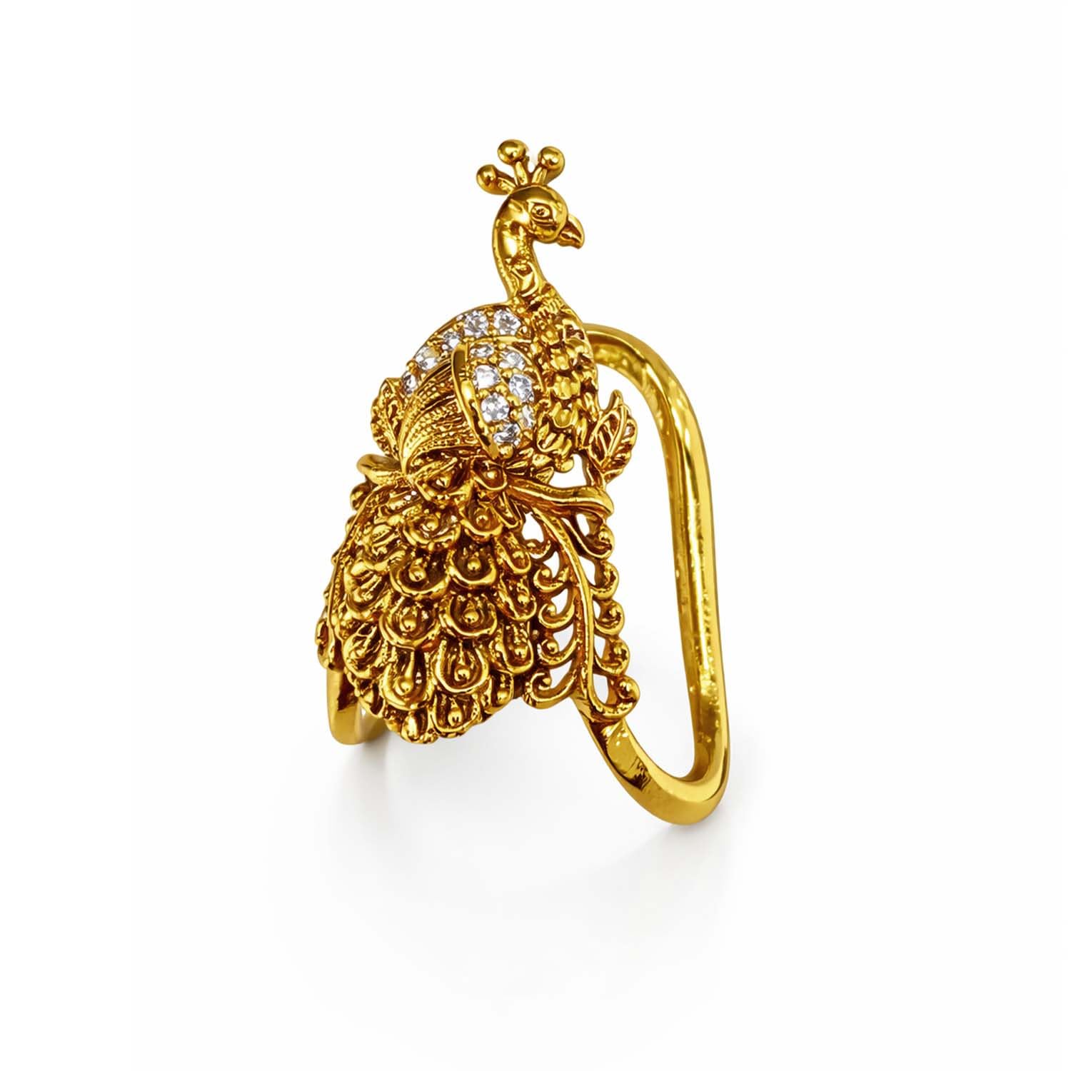 FASHIONS Traditional Antique 18K Gold Plated Adjustable Finger Ring CZ Stone Peacock Design Anti Tarnish Anguthi Vanki Ungaram Temple Jewelry for Women & Girls-image-2