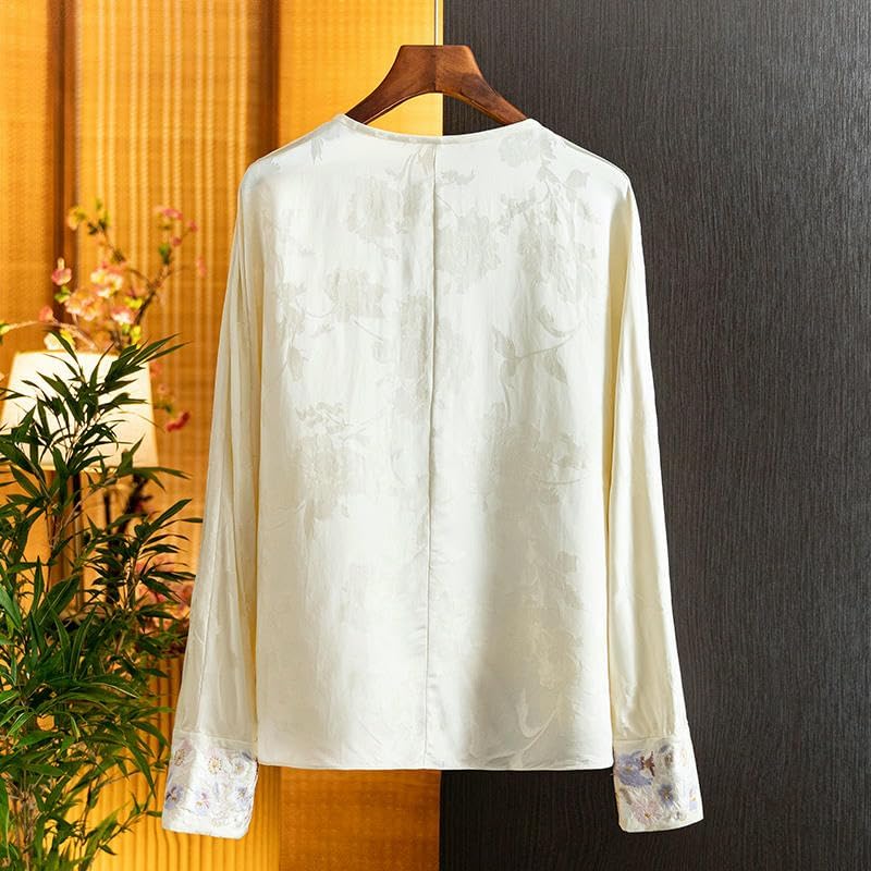 Women's Silk Blouse Summer Heavy Embroidered Tassel Long Sleeve Top