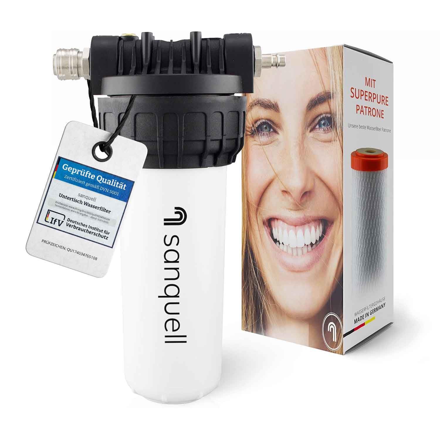 Premium Untertisch Wasserfilter, 8 Liter/Minute, entfernt 100 Schadstoffe, hohe Kapazität, kein separater Wasserhahn nötig, nachhaltiges Design, Made in Germany