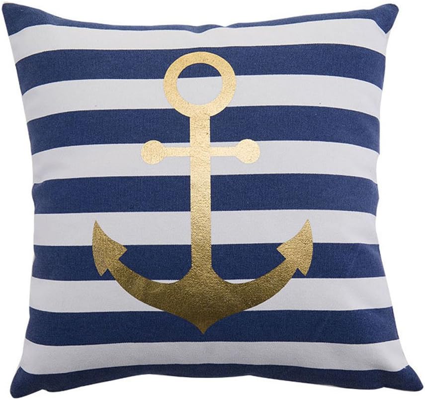 Nautical Decorative Pillow Cover, Stripes and Gold Anchor Pattern 18X18 (Navy Stripes)