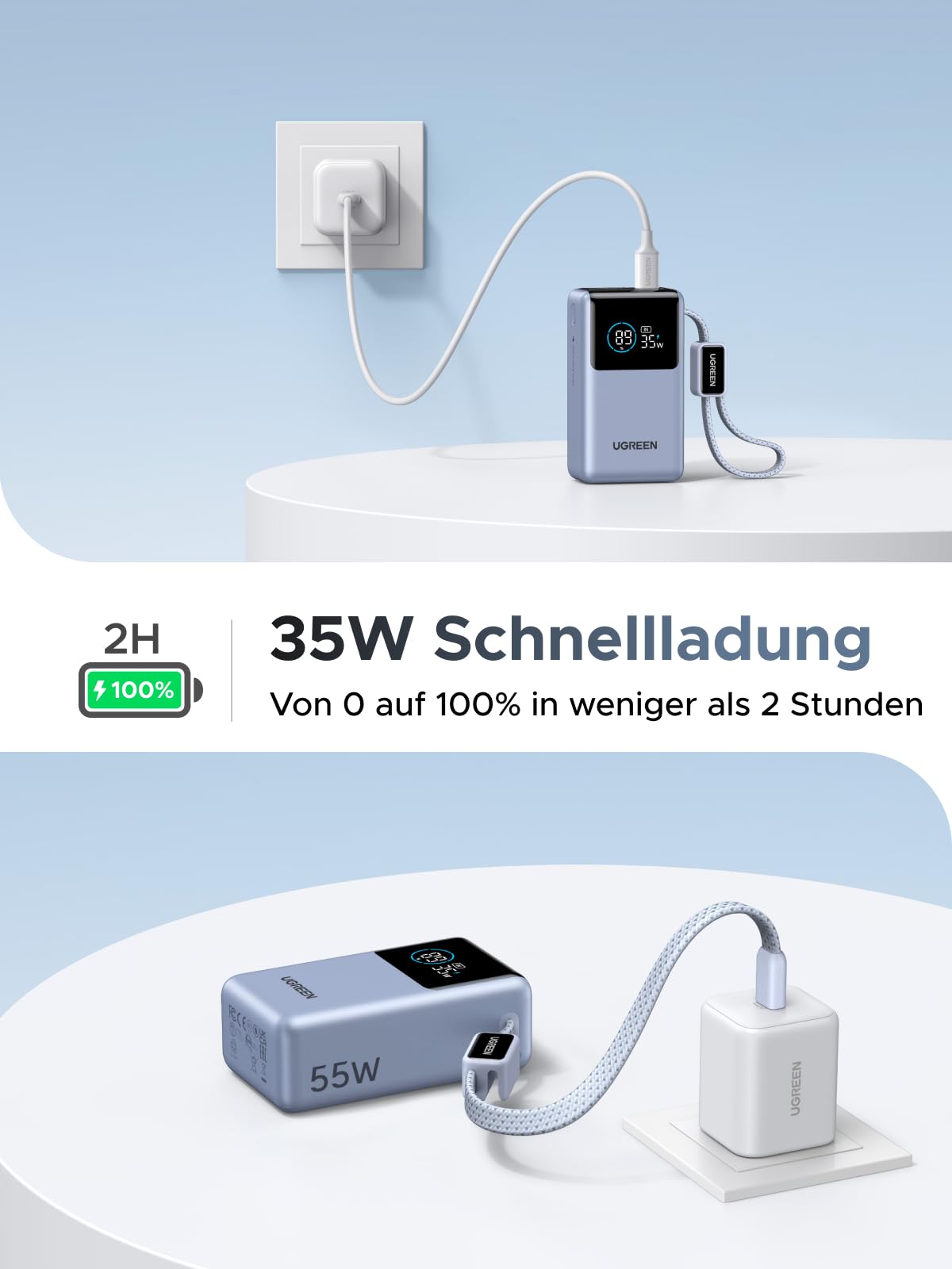UGREEN 55W Power Bank 10000mAh mit integriertem Kabel, Mi Turbo Charge für Xiaomi, 45W PD Schnellladung Kompatibel mit iPhone 17/16/15, Blau