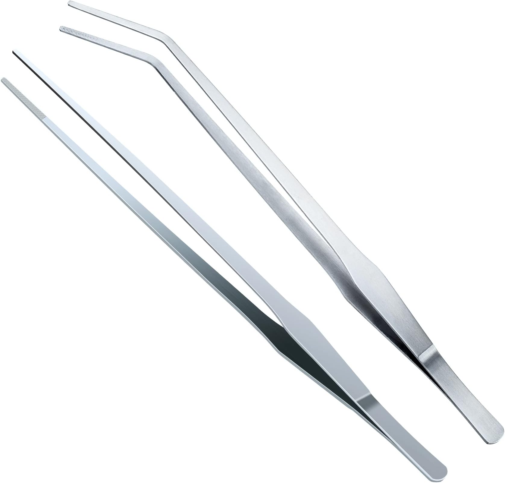 OIIKI 2PCS Stainless Steel Tongs Tweezers, Polished Extra-Long 15 inch Staright Tongs Tweezer, 15 inch Curved Aquarium Tweezer with Precision Serrated Tips for Garden, Kitchen, Indoor & Outdoor