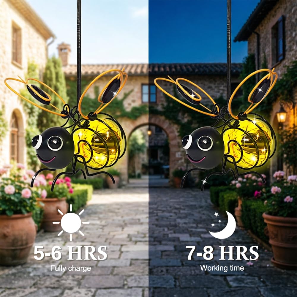 2 Pièces Lampe Abeilles Solaire,Lampes Solaires à Suspendre en Forme d'Abeille pour Jardin,Lumière Solaire D'abeille avec Clipser et Ressorts,Étanche,Suspendu,Jardin,Cour,Terrasse - 5