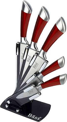 Evelyne GMT-10031 - Juego de cuchillos de cocina de acero inoxidable con mango rojo, 5 cuchillos y 1 bloque giratorio giratorio con lado transparente