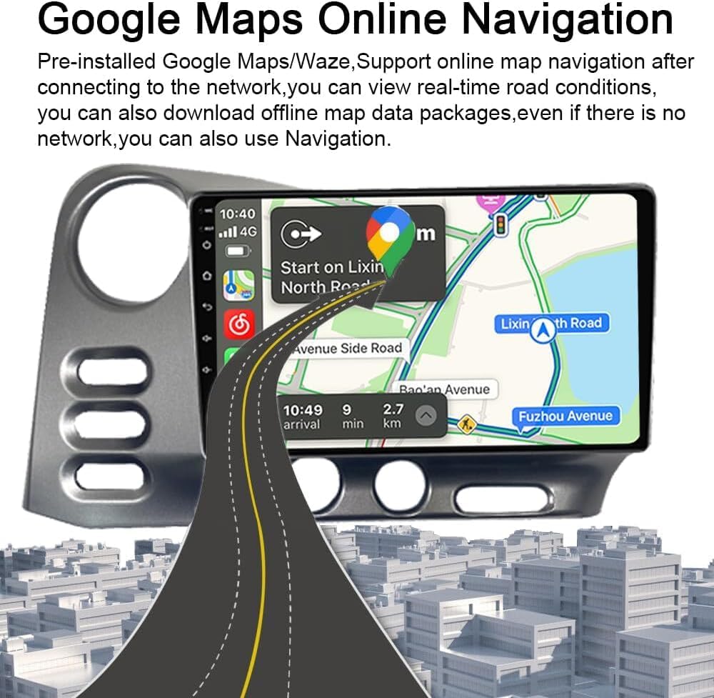 Screenshot of the car stereo display showing Google Maps navigation with a route displayed over a city landscape.