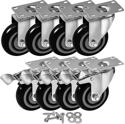 Paquete de 8 placas giratorias de 4 pulgadas con freno resistente en ruedas de poliuretano negras con tornillos resistentes Paquete de 8 placas giratorias de 4 pulgadas con freno resistente en ruedas de poliuretano negras con tornillos resistentes