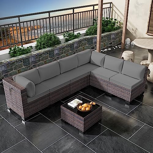 Image of 7 Pieces Outdoor Patio Furniture Set,Outdoor Sectional Furniture All Weather PE Rattan Wicker Patio Conversation Set with Coffee Table and 6 Thickened Cushions,Grey