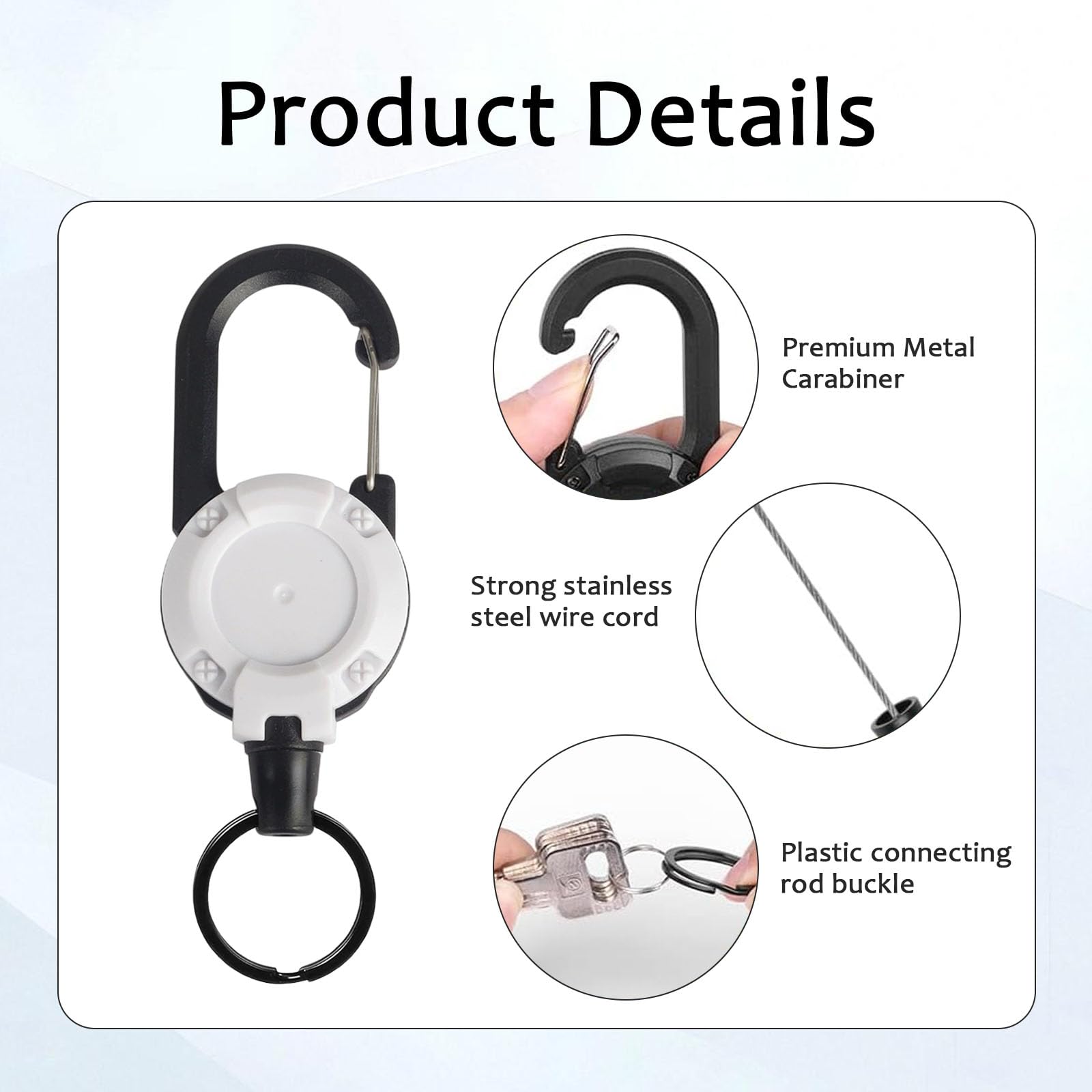 3 Pack Heavy Duty Retractable Keychain Retractable Lanyard with 60cm Steel Cord Extendable Key Chain Extendable Extendable Lanyard for Id Cards Keys And More for Outdoor(Khaki,Black,White) - Image 3