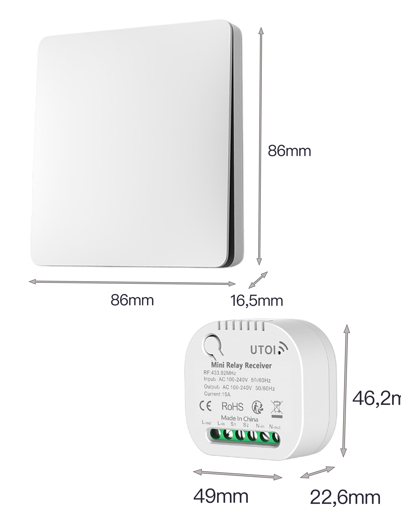 Interrupteur Sans Fil Sans Pile, Kit Va et Vient avec 2 Interrupteurs et 1 Récepteur 15A, Commande à Distance pour Éclairage, Compatible Interrupteurs Traditionnels, Sans Scintillement LED, Blanc