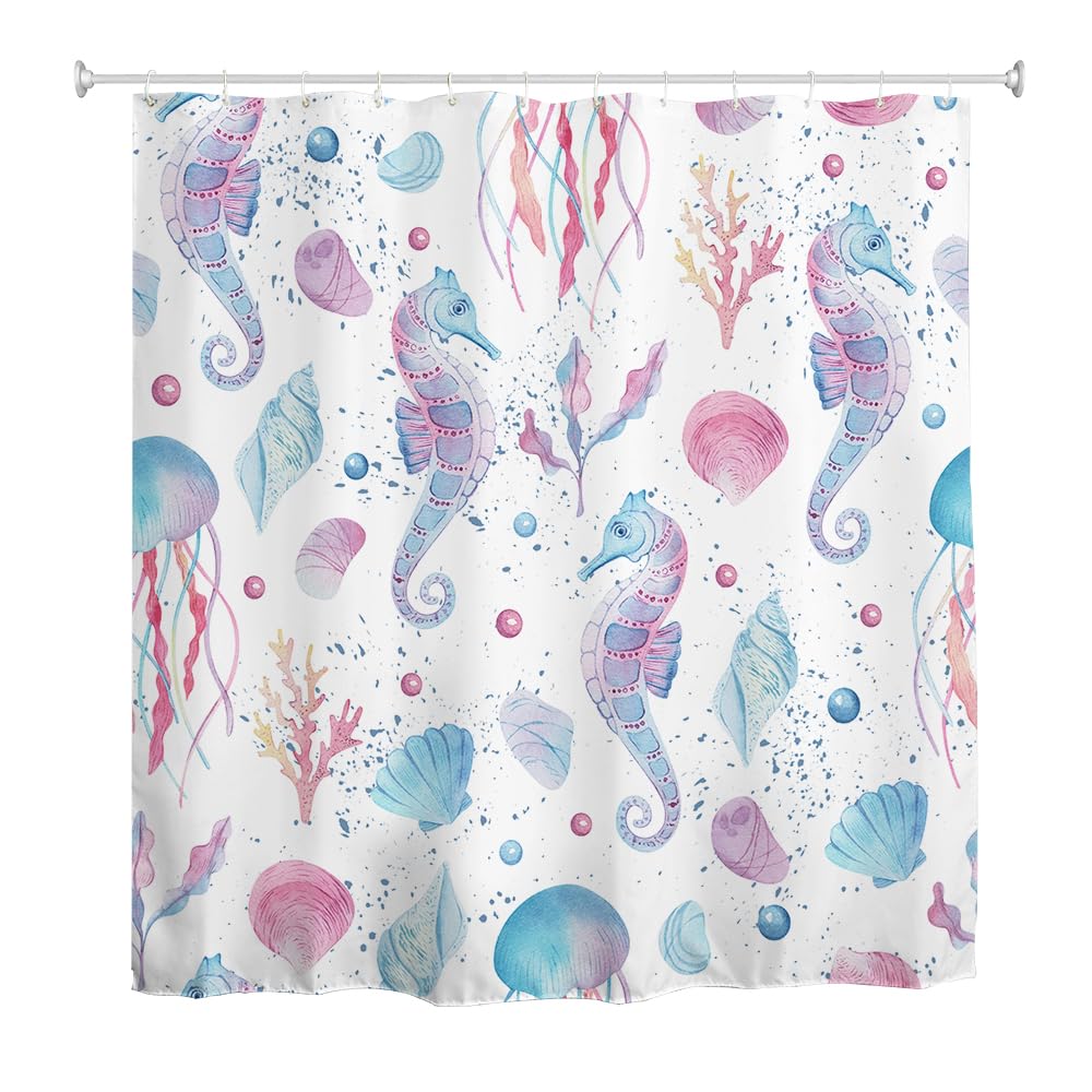 goodbath Seahorse Shower Curtain, Underwater Ocean Sea Shell Coral Waterproof Fabric Bath Curtains for Bathroom Bathtub, 180 x 180 cm