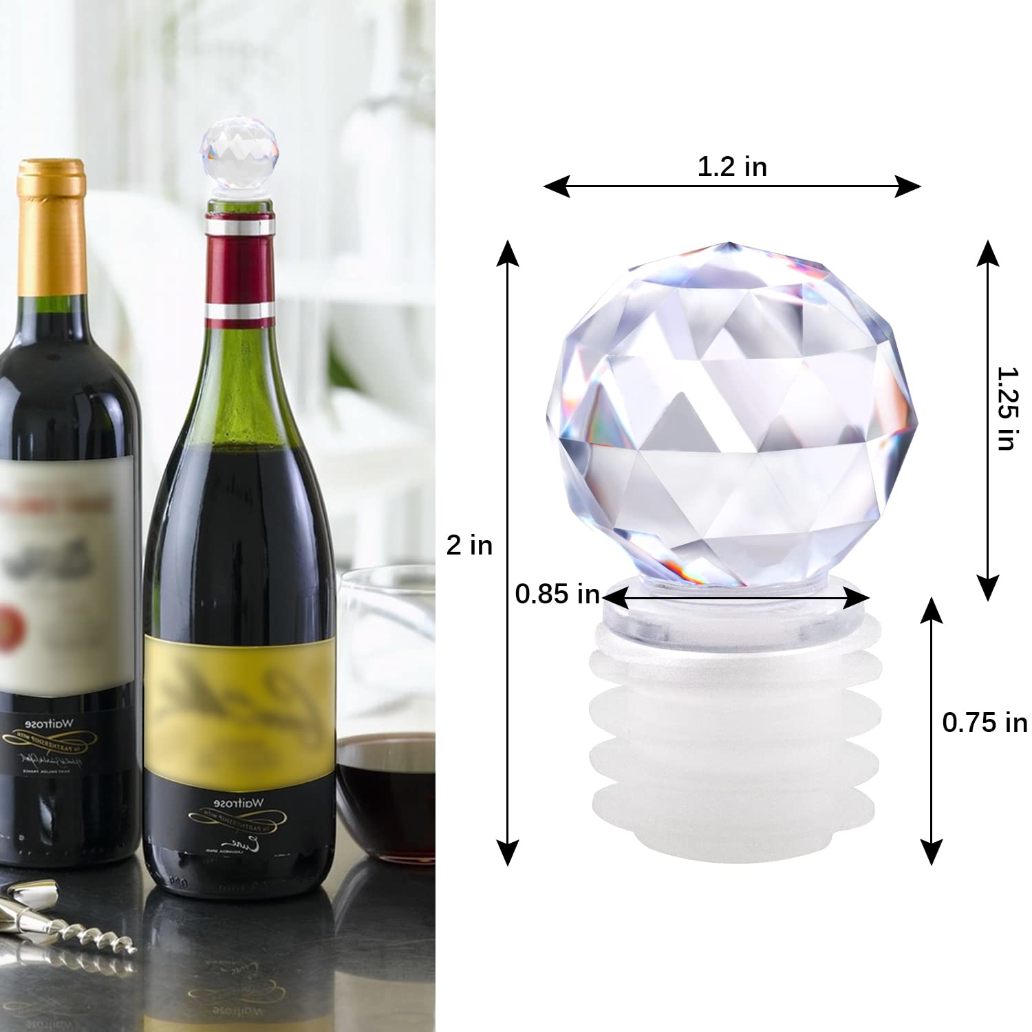 10 tapones de botella únicos decorativos con bola de cristal, mini tapón de botella de vidrio acrílico transparente con silicona hermética para vino, bebidas, refrescos, champán, licores, aceites
