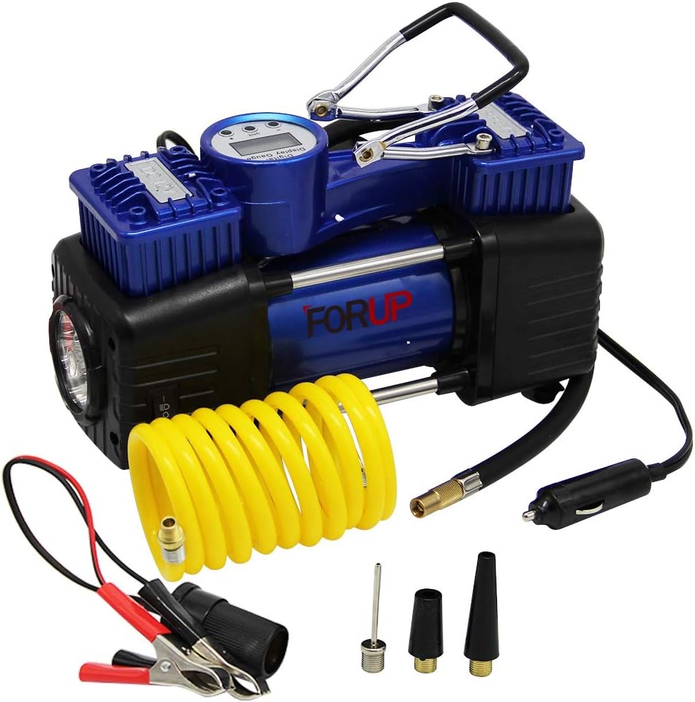 FORUP Compressor, Heavy Duty Portable Air Pump, 150 PSI, LCD Backlit Digital Display, Auto 12V Tire Car, Truck, RV, Bicycle and Other Inflatables (Dual Cylinder)