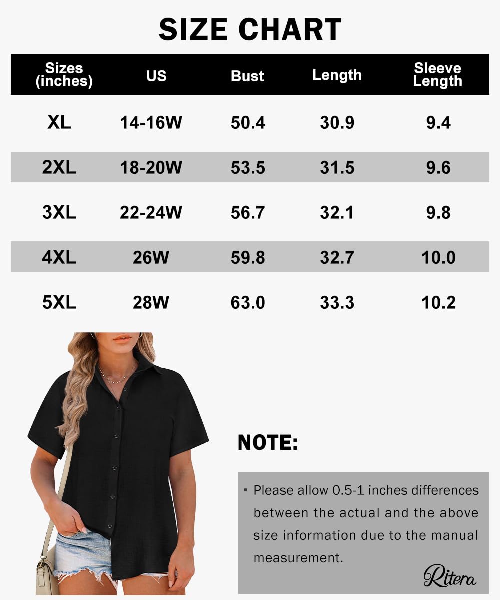 RITERA Haut boutonné à manches courtes pour femme - Col roulé - Léger - Taille XL à 5XL