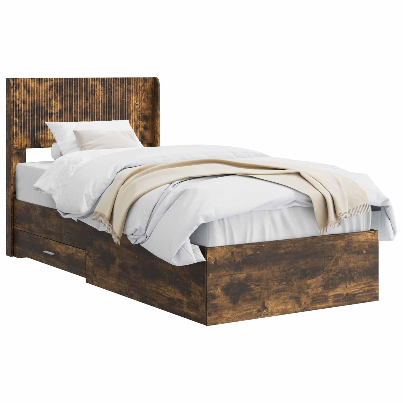 Rama de cama con almacenamiento y cabecero Rovere Fumo 105x203 cm somier de listones fijos compartimentos integrados estructura moderna madera ingenierizada soporte 140 kg fácil montaje