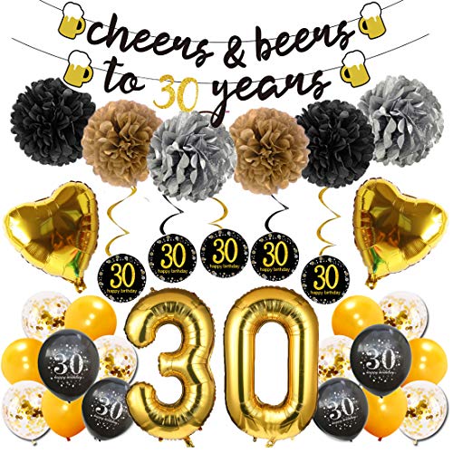 30th Birthday Decorations for Him Her, Dadoudou Happy Birthday Banner with Latex Confetti Balloons, Paper Pompoms and Hanging Swirl for Black and Gold 30 Birthday Party Supplies