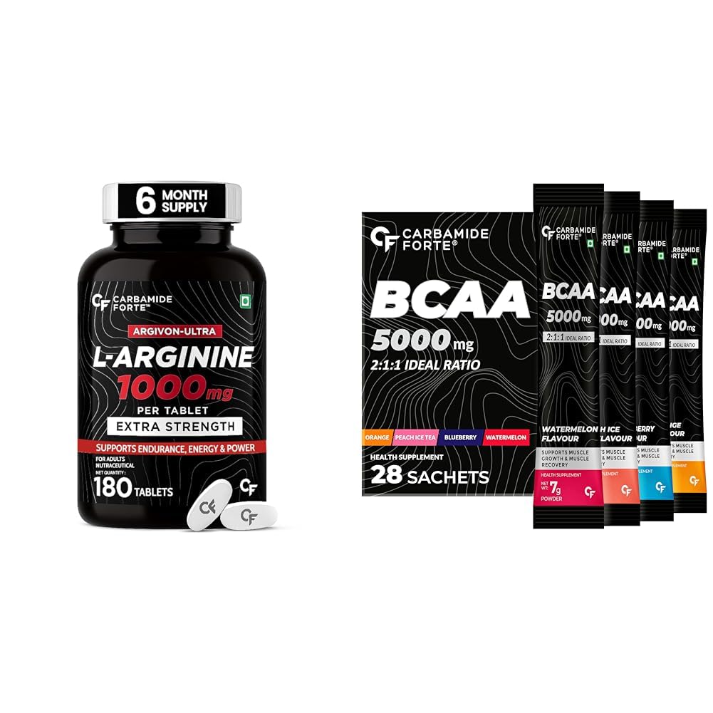 Carbamide Forte L Arginine 1000 mg - Veg 180 Tablets & BCAA Powder 5000mg - 4 Flavors - Pack Of 28-image-38