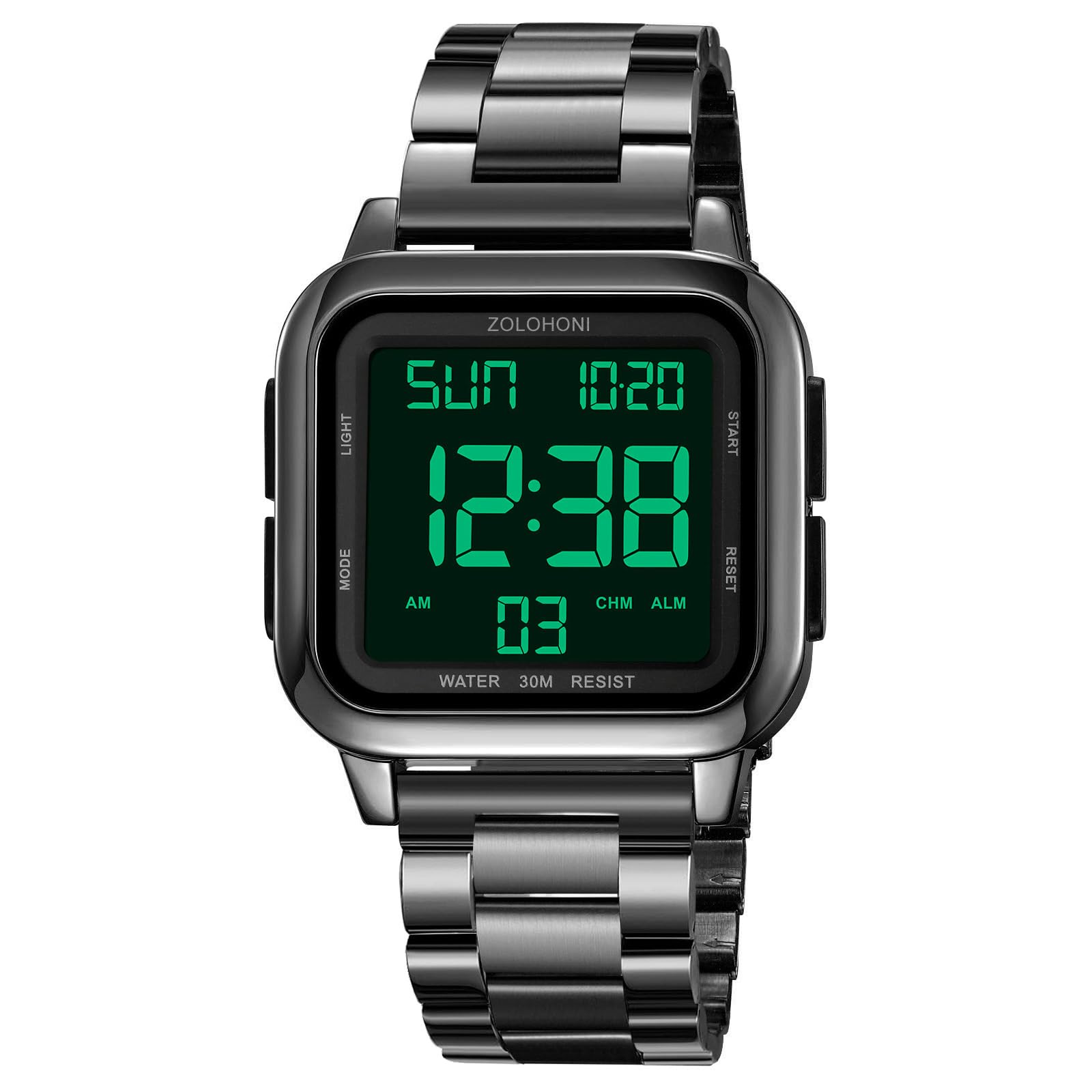 Orologio digitale quadrato da uomo, quadrante con numeri grandi, quadrante grande, impermeabile, a LED, con sveglia, data, cronometro