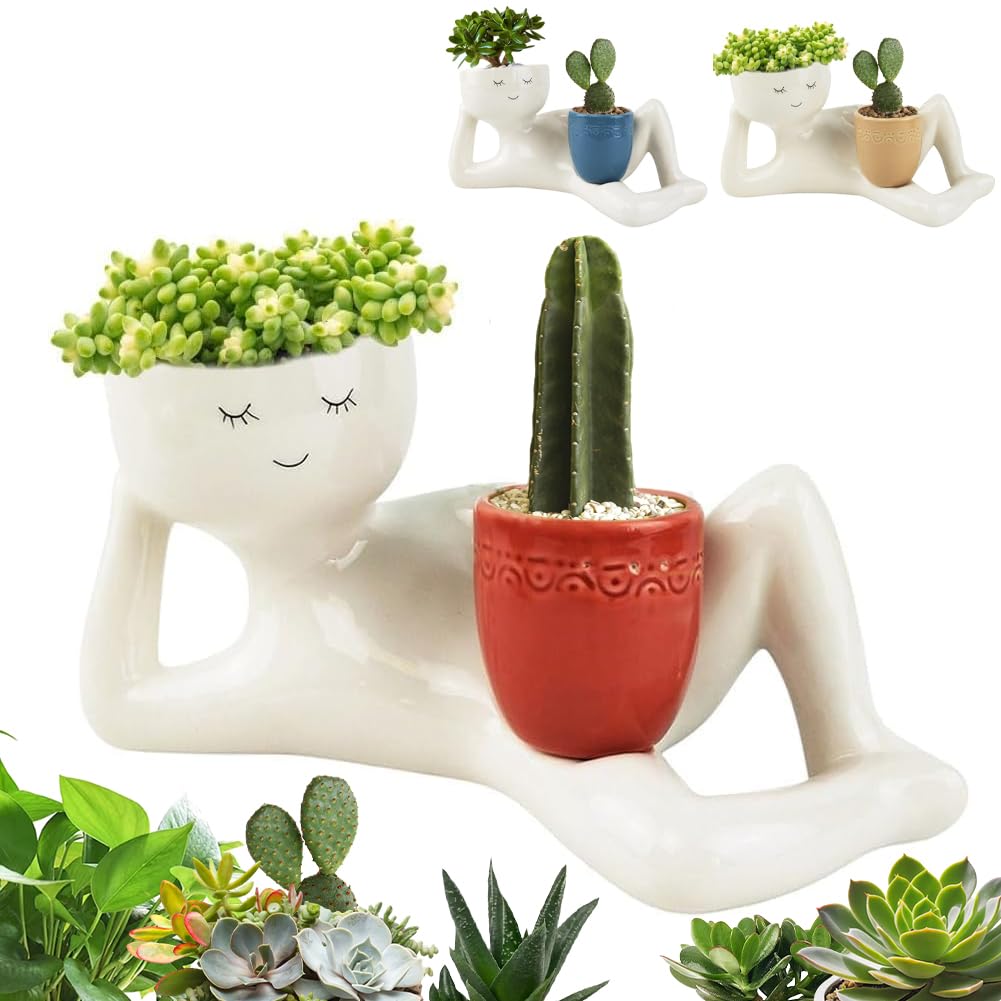BEHEGTYE Lazy Guy Planter, Lazy Little Character Flowerpot, Relaxing Person Holding Pot Planter, Funny Plant Pots Unique Shape Pot for Succulents Cactus with Drainage Hole for Home Garden Decor (Red)