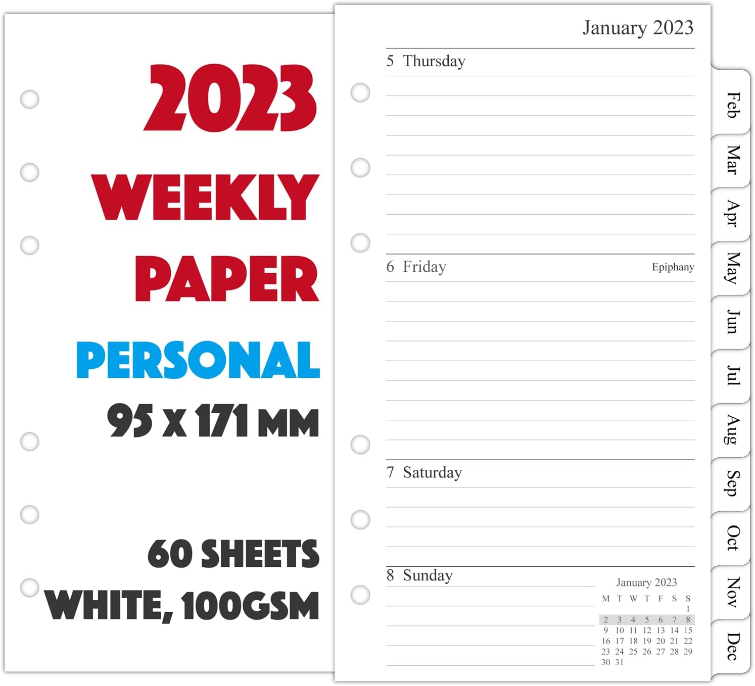 2023 Weekly Diary Refill Personal Size for Filofax, Month Tabs, Two