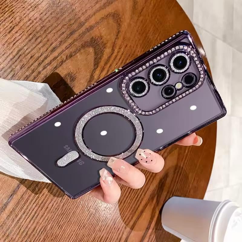 Image of for Samsung Galaxy Glitter Case,Luxury Bling Rhinestone Diamond Plated Bumper Case,MagSafe, Sparkle Camera Lens Protection Clear Back Cover (Purple, for Samsung Galaxy S25 Ultra)