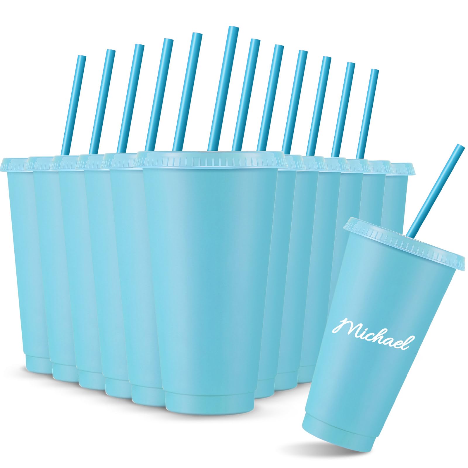 Amyhill 12 Pcs Reusable Cups with Lids and Straws 24 oz Plastic Tumbler Iced Coffee Cup Travel Mug for Smoothie Juices Birthdays Sleepover Party Supplies for Girls(Light Blue, Solid Color)