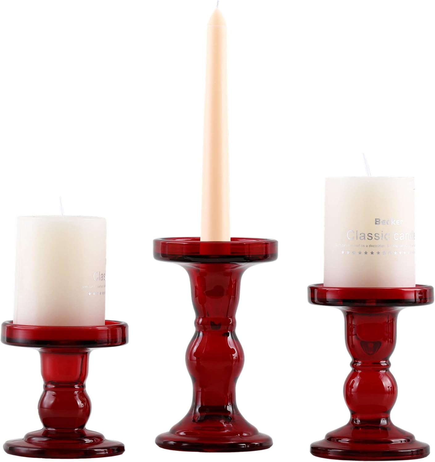 GMWD 3 Pcs Red Glass Candle Holder Set Clear, Christmas