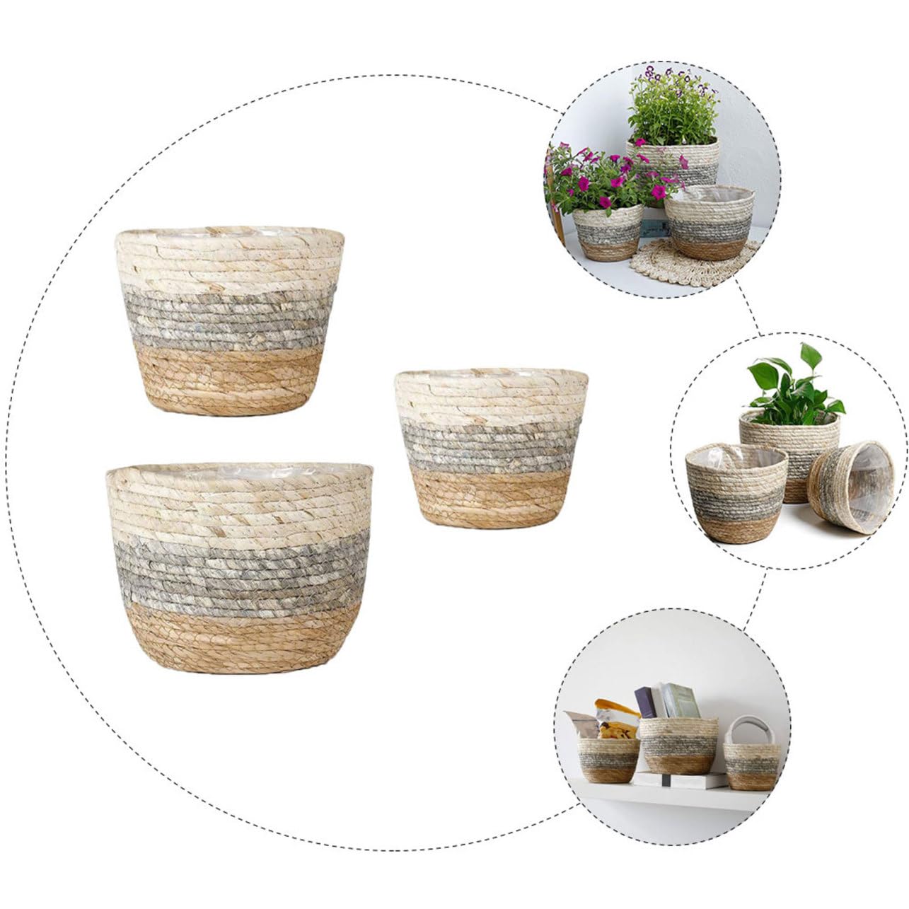 Toyvian 3 Stück Handgewebte Strohblumentöpfe Konisch S–l Dekorative Pflanzgefäße für Balkon Garten Terrasse Leicht und Langlebig Zufällige Farbe