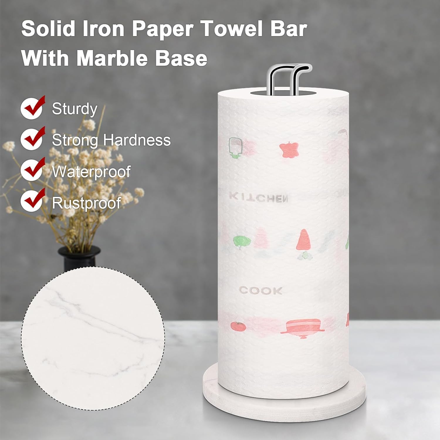 Soporte para toallas de papel, dispensador de toallas de papel de metal resistente con base de mármol, tamaño estándar o jumbo para encimera de cocina, granja, sala de estar, acabado cromado 5