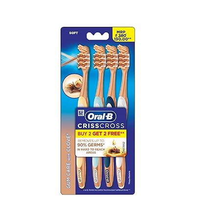 Oral-B Adult Crisscross Gum Care Deep Clean Soft Bristle Manual Toothbrush, Clove Extract, Free, Tongue Cleaner, Removes Up To 90% Germs, Multicolour Pack Of 4