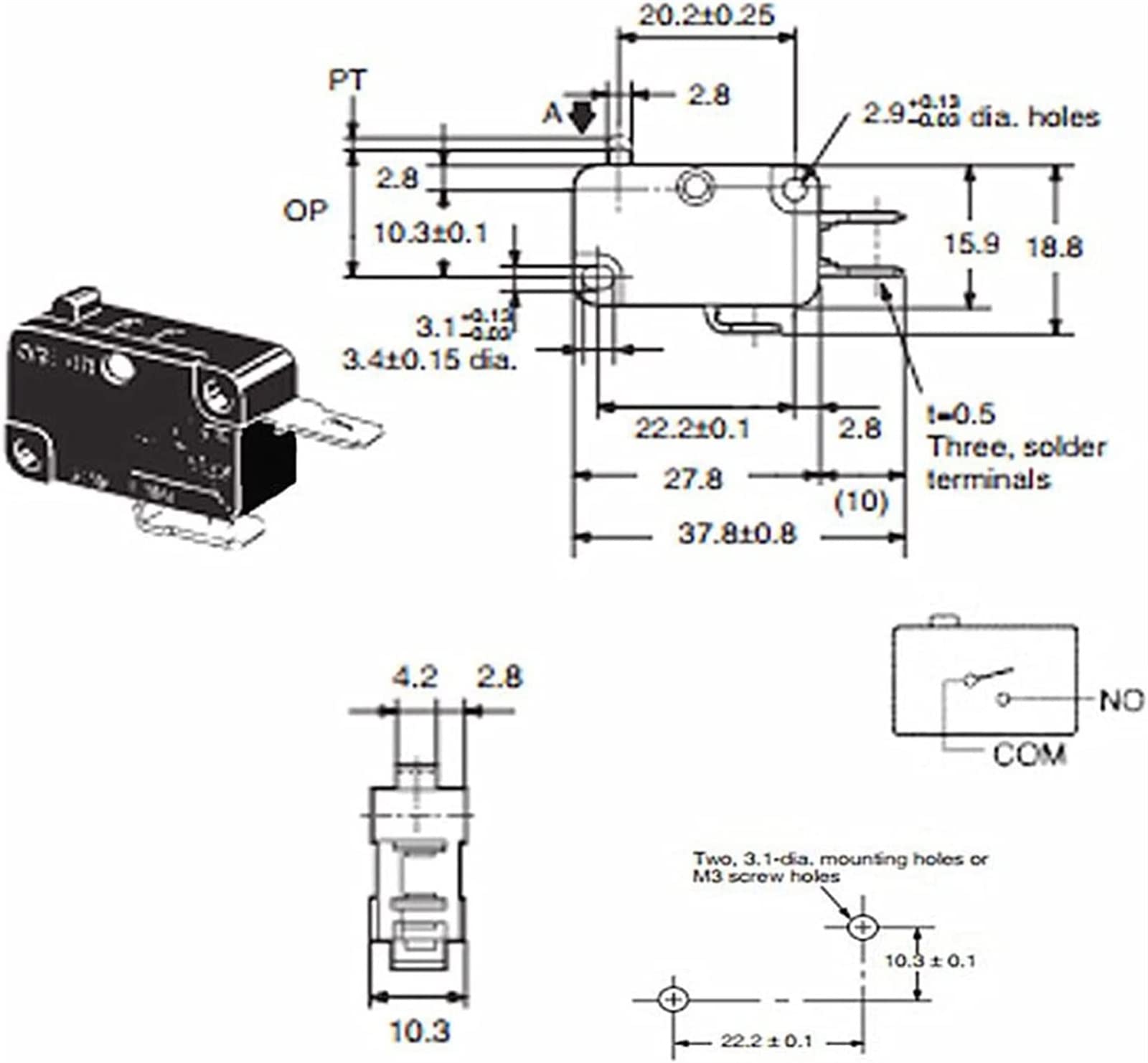 AHLOKI Microinterruptores 5 uds V-15-2C26-K Microinterruptor Grande 2 Pines Normalmente Cerrado Interruptor de límite Chapado en Oro sin Mango