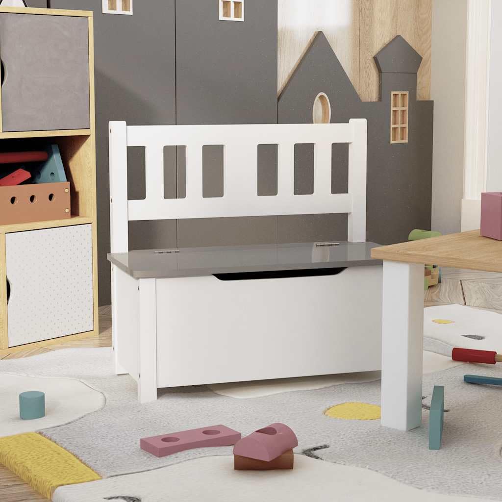 Kinderbank mit Stauraum Weiß Grau aus MDF 60x30x55 cm Sitzbank mit Truhe für Kinderzimmer Babyzimmer Aufbewahrung Spielzeug Ordnung