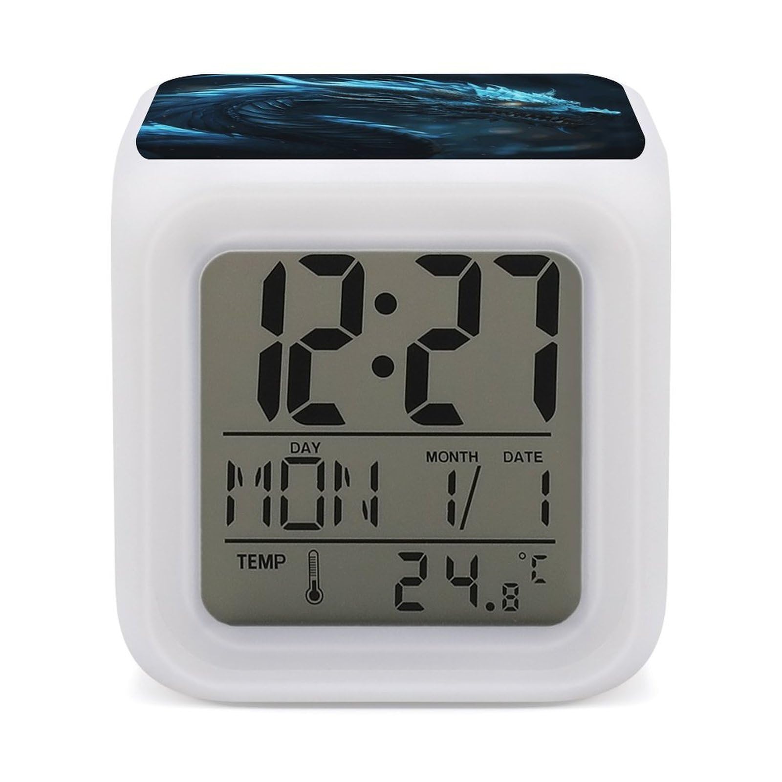 JTREHY Cyan Dragon Alarm Clock Digital Dimmable Clock for Bedroom LED Display Screen Mini Clocks 7 Color Dimmable Night Lights Time-to-Rise Alarm Clocks for Office Living Room