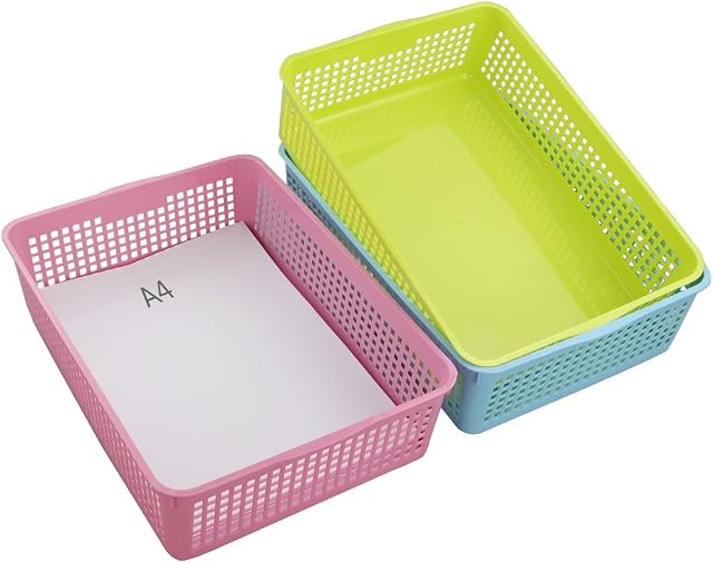 Dynko A4 Storage Colorized Baskets 3-Pack, Plastic Storage Organizer Basket