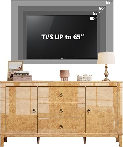 Miniatura 5 de Aparador de madera Burl de alto brillo de 60 pulgadas con 3 cajones y 2 almacenes cerrados, aparador moderno de mediados de siglo para comedor, sala