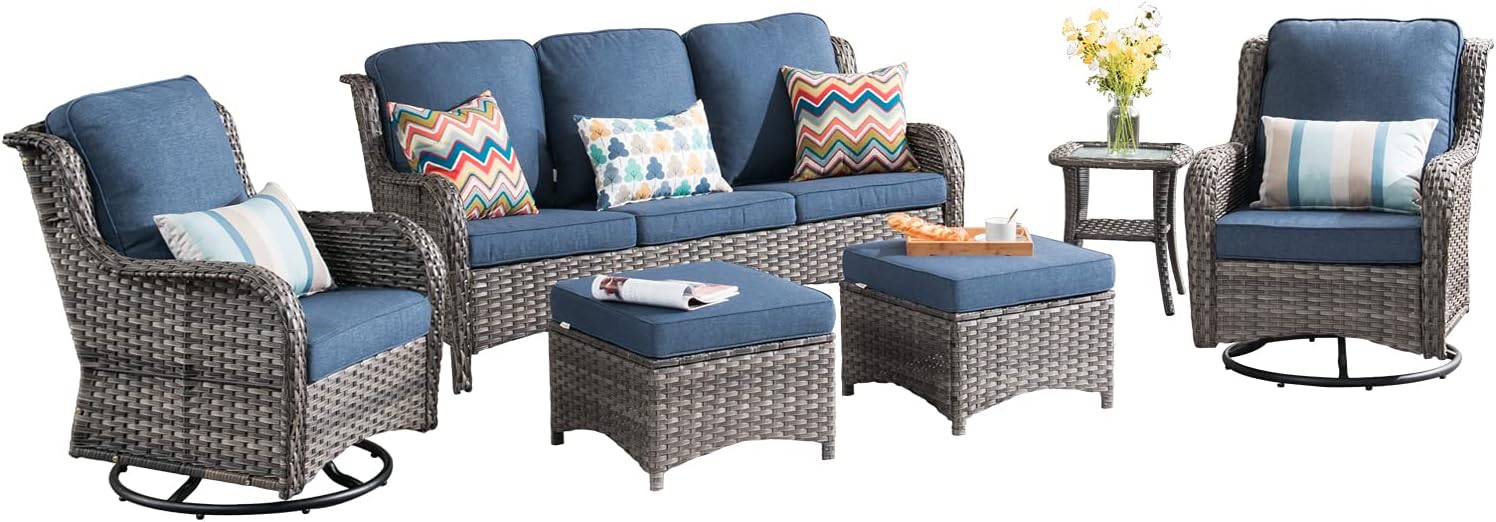 XIZZI Patio Furniture Outdoor Furniture All Weather Wicker 6 PCS Patio Sofa with High Back Swivel Rocking Chairs and Ottomans,Swivel Chairs Grey Rattan Denim Blue : Everything Else