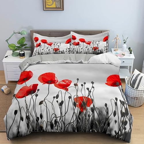 YRYBZWP Poppy Duvet Cover Queen Ultra Soft and Breathable Bedding Comforter Cover 90''x90'' with Zipper Closure Duvet Cover and 2 Pillow Shams 20'x26''