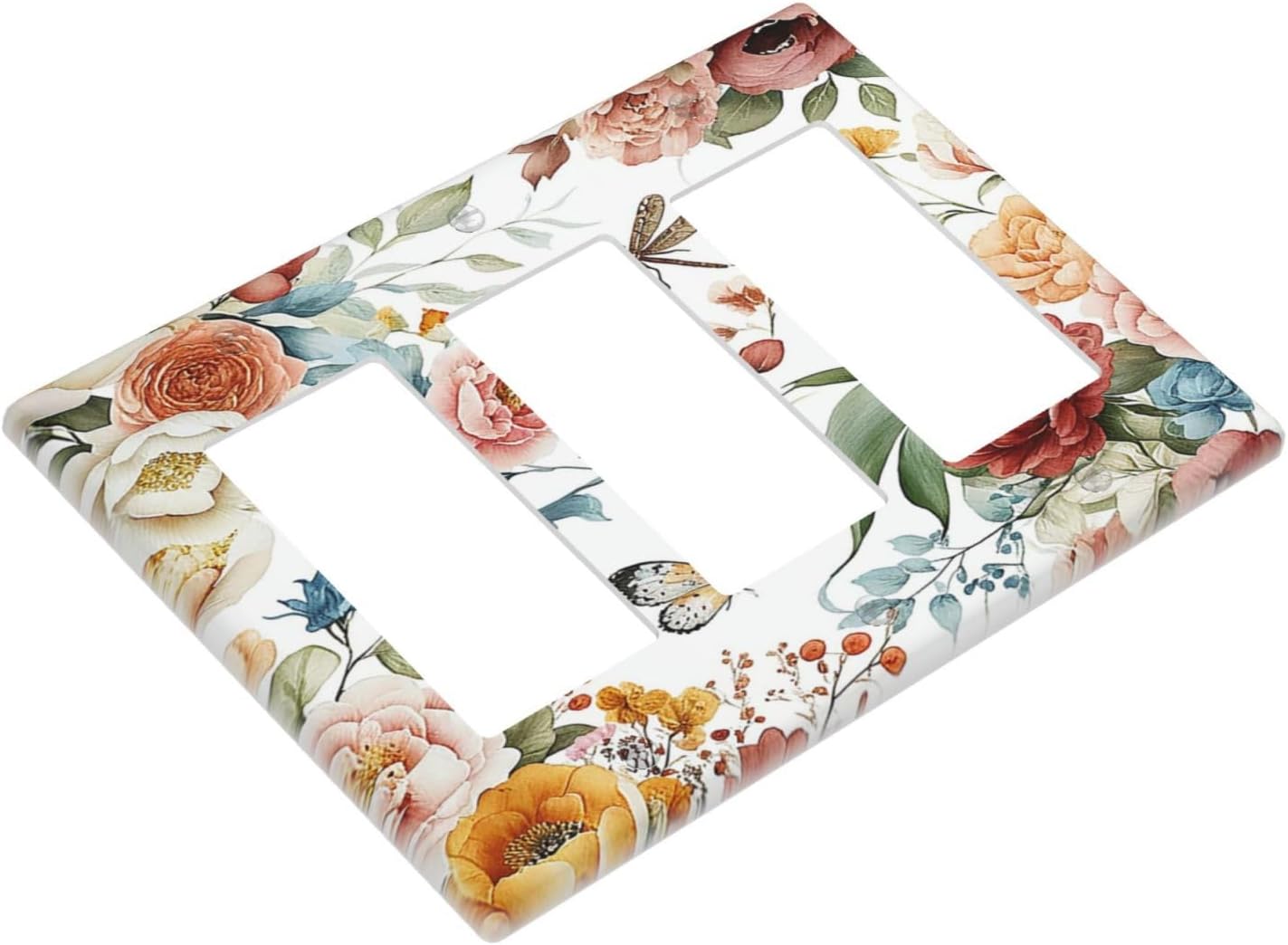 Rustic Style Colorful Peony Butterfly Dragonfly Light Switch Covers 3 Gang Rocker Decorative Triple Outlet Wall Plate Cover Switchplate Electrical Gfci for Bedroom Living Room Decor